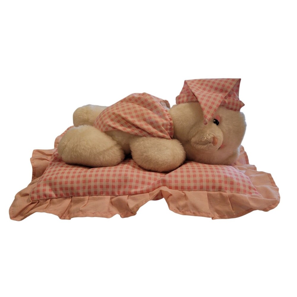 Vintage Bear Plush Nightime Laying On Pink Check Pillow Now I Lay Me Down Prayer